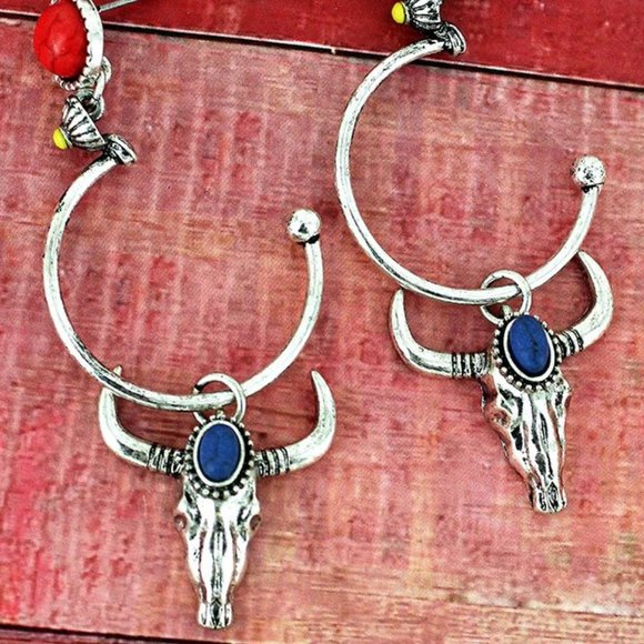 Jewelry - SILVERTONE STEER SKULL DROP HOOP EARRINGS